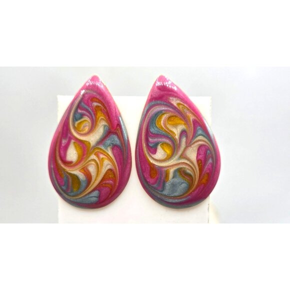 Vintage Metal Tear Drop Shaped Large Earrings Pink With Swirled Design Of Pastel - Picture 1 of 1